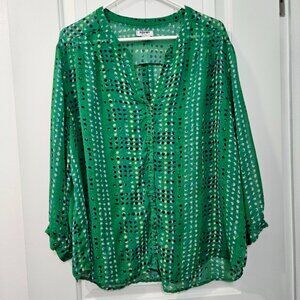 Old Navy Green Boxy Blouse with 3/4 Sleeves and Mandarin Collar